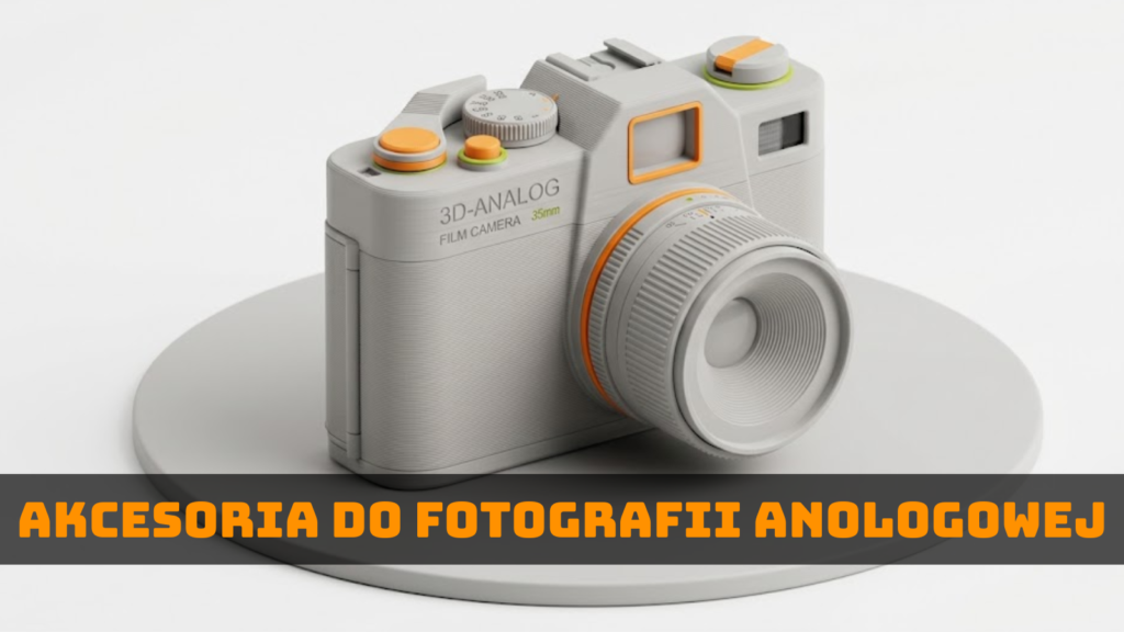 Grafika ilustracyjna aparatu analogowego symbolizująca akcesoria do fotografii analogowej wykonywane z pomocą druku 3D.
