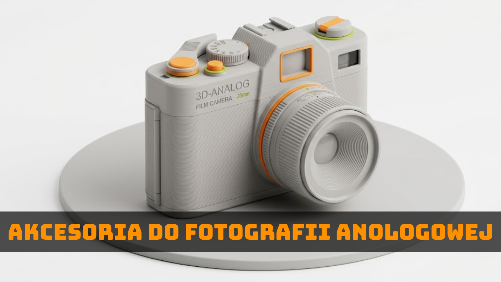 Grafika ilustracyjna aparatu analogowego symbolizująca akcesoria do fotografii analogowej wykonywane z pomocą druku 3D.