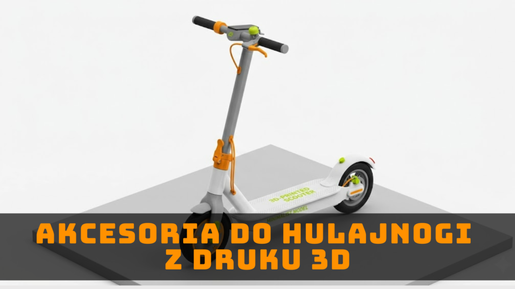 Grafika ilustracyjna hulajnogi elektrycznej symbolizująca akcesoria i części do hulajnogi wykonywane z pomocą druku 3D.