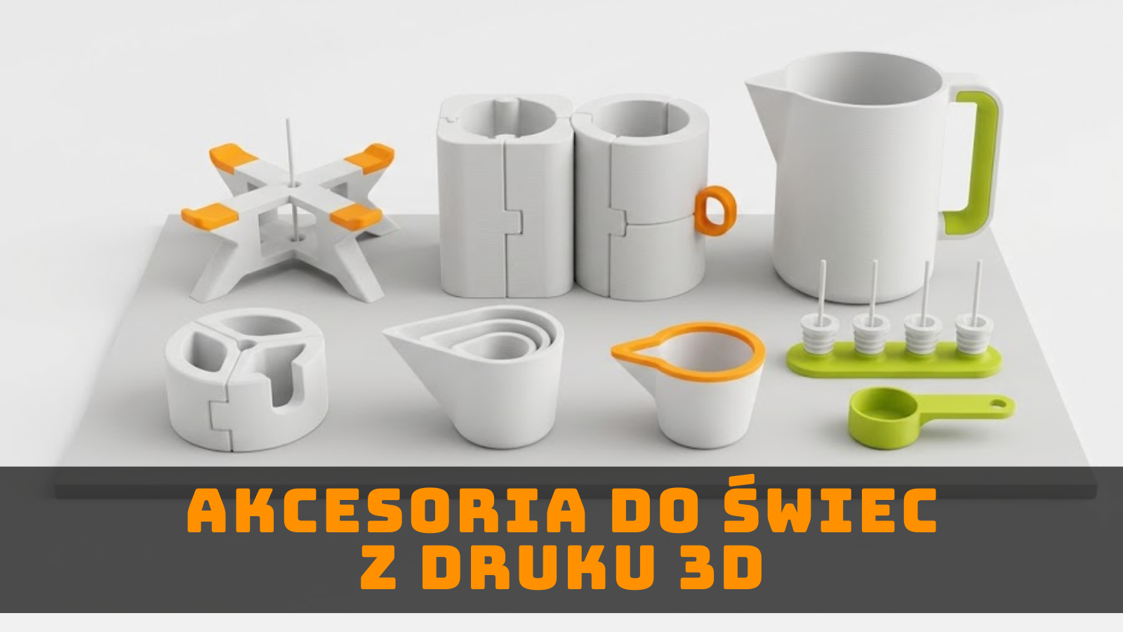 Grafika ilustracyjna przedstawiająca akcesoria do produkcji świec sojowych, symbolizująca formy, uchwyty do knotów i miarki wykonywane z pomocą druku 3D.