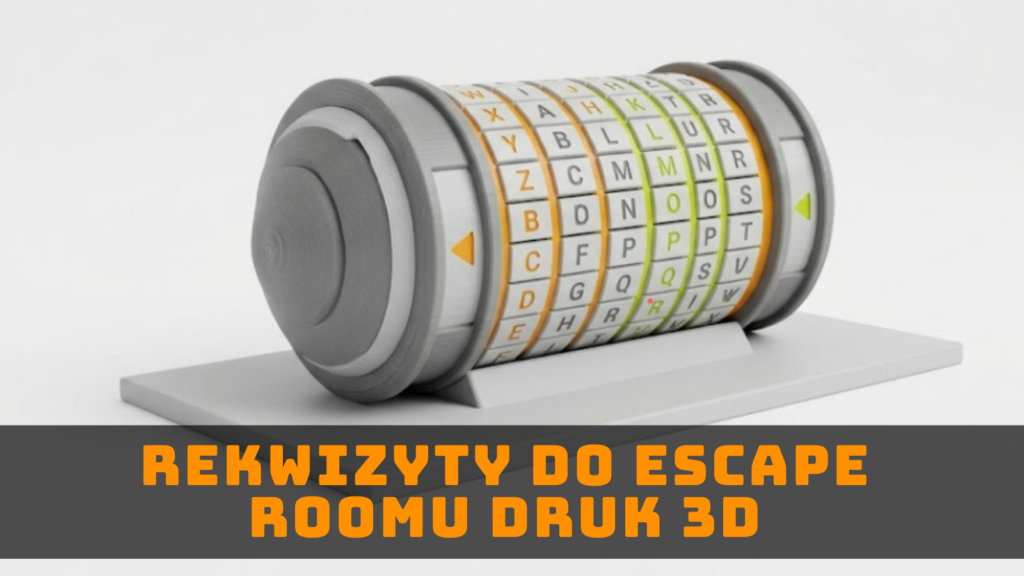 Grafika ilustracyjna szyfrowanego rekwizytu typu cryptex, symbolizująca rekwizyty do escape roomu wykonywane z pomocą druku 3D.