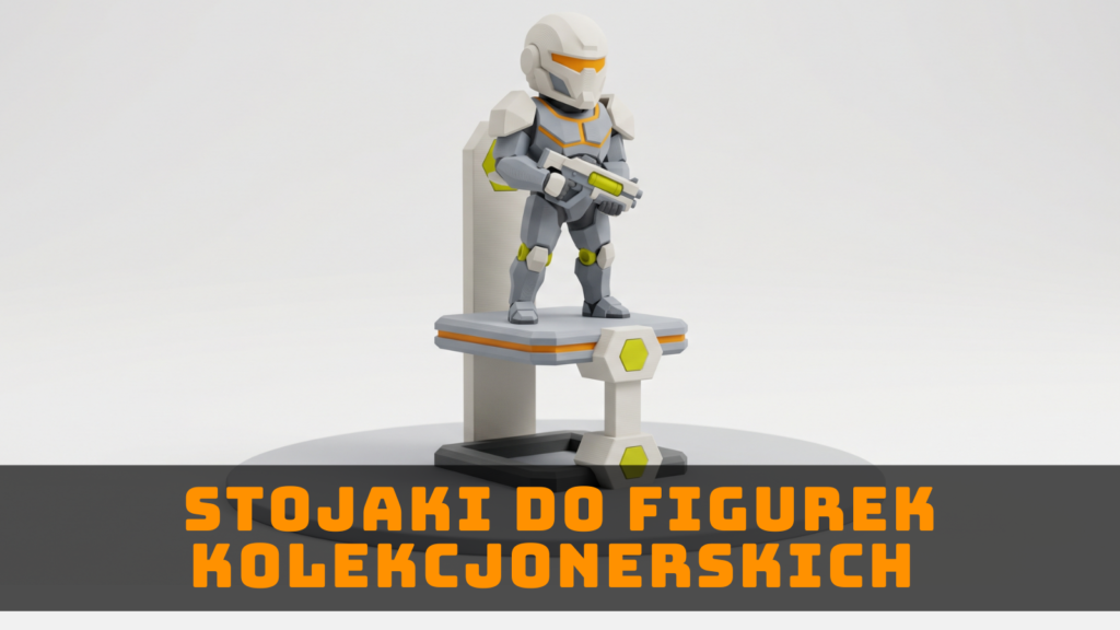 Grafika ilustracyjna figurki kolekcjonerskiej ustawionej na podstawce, symbolizująca stojaki do figurek wykonywane z pomocą druku 3D na wymiar.