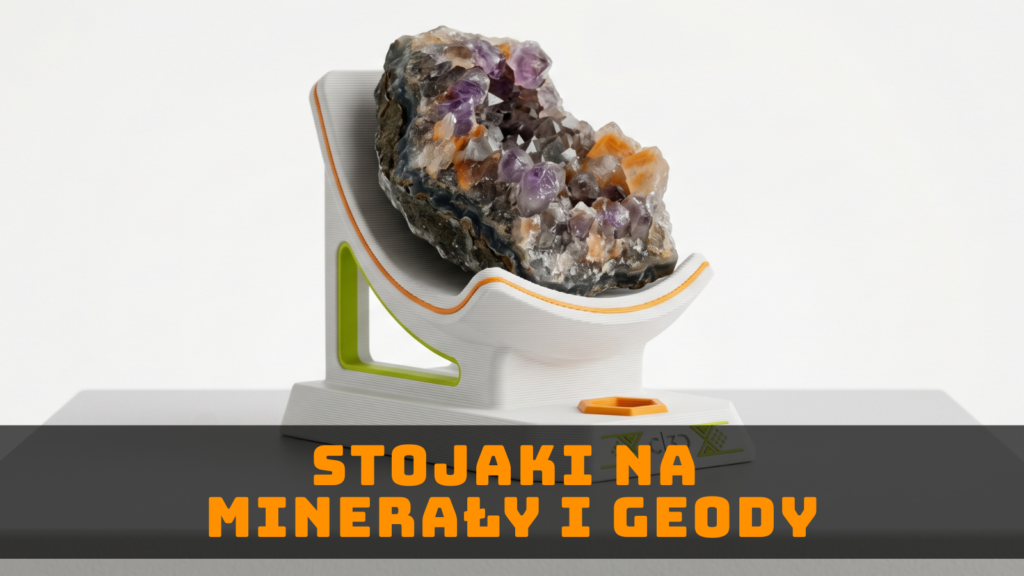 Grafika ilustracyjna minerału ustawionego na podstawce, symbolizująca stojaki na minerały i geody wykonywane z pomocą druku 3D na wymiar.