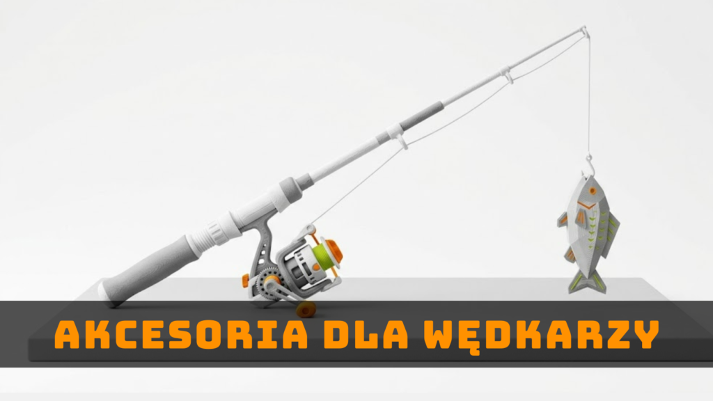 Grafika ilustracyjna wędki z kołowrotkiem symbolizująca akcesoria wędkarskie wykonywane z pomocą druku 3D.