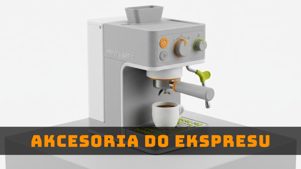 Grafika ilustracyjna ekspresu do kawy symbolizująca akcesoria i części do ekspresu wykonywane z pomocą druku 3D.