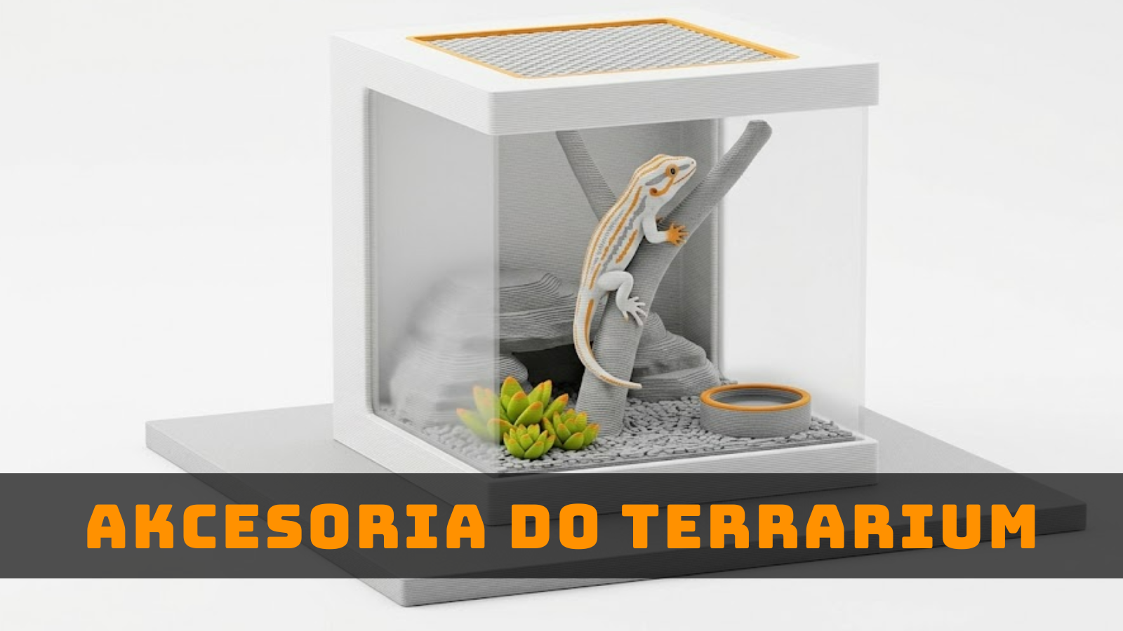 Grafika ilustracyjna terrarium z jaszczurką, symbolizująca akcesoria do terrarium wykonywane z pomocą druku 3D.