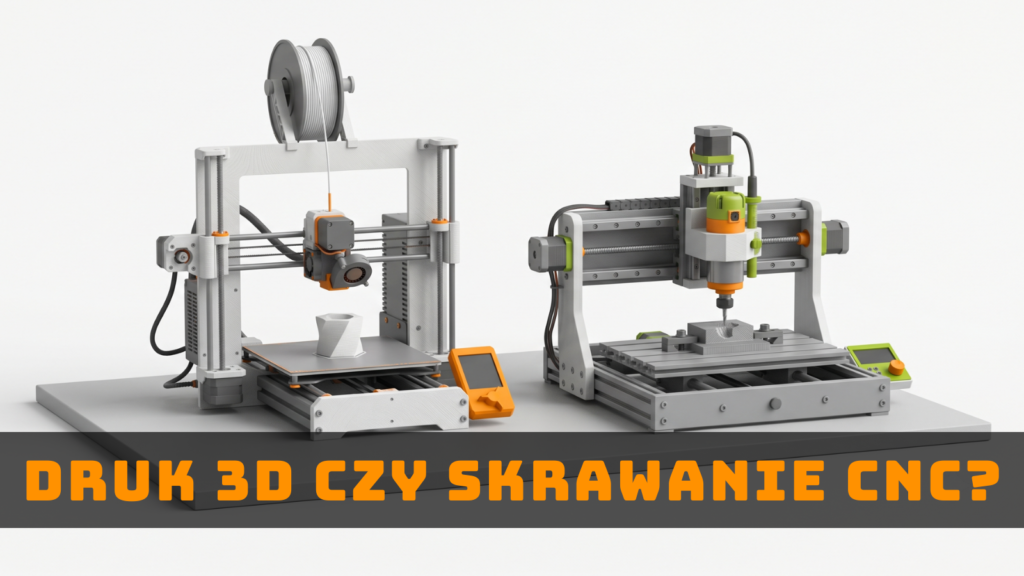 Drukarka 3D i frezarka CNC ilustrujące porównanie metod produkcji detali z tworzyw sztucznych.