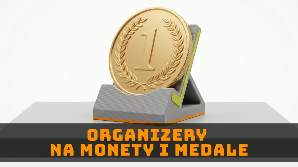 Grafika ilustracyjna monety ustawionej w podstawce, symbolizująca organizery na monety i medale wykonywane z pomocą druku 3D.