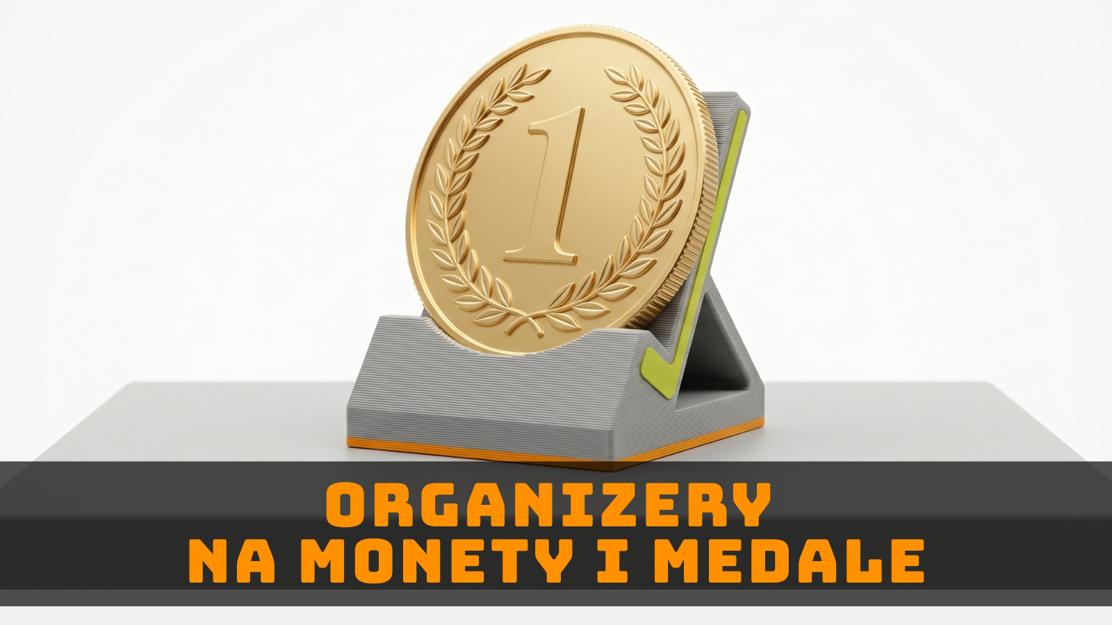Grafika ilustracyjna monety ustawionej w podstawce, symbolizująca organizery na monety i medale wykonywane z pomocą druku 3D.