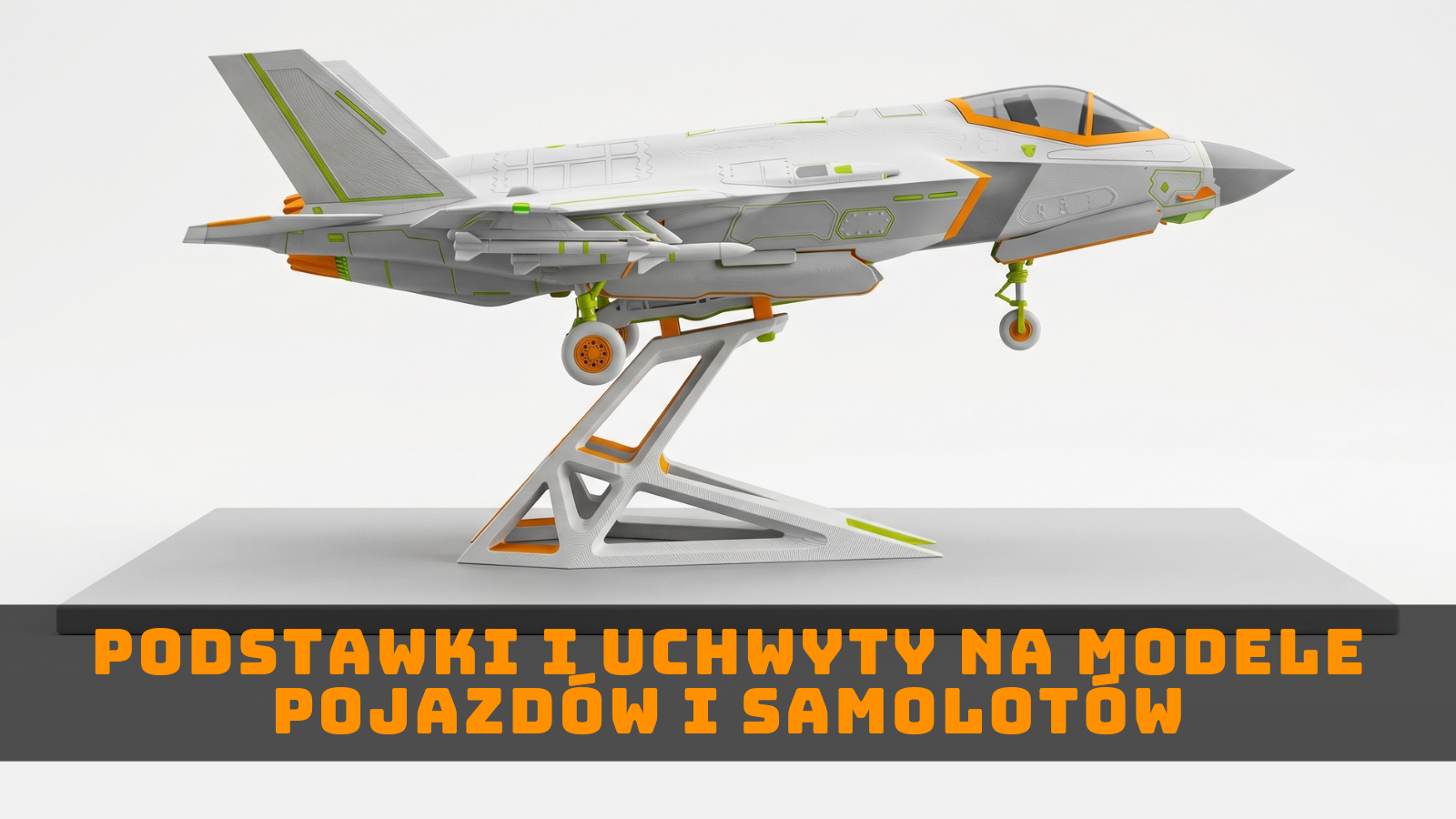 Grafika ilustracyjna modelu samolotu na podstawce, ilustrująca podstawki i uchwyty do modeli samolotów wykonywane z pomocą druku 3D.