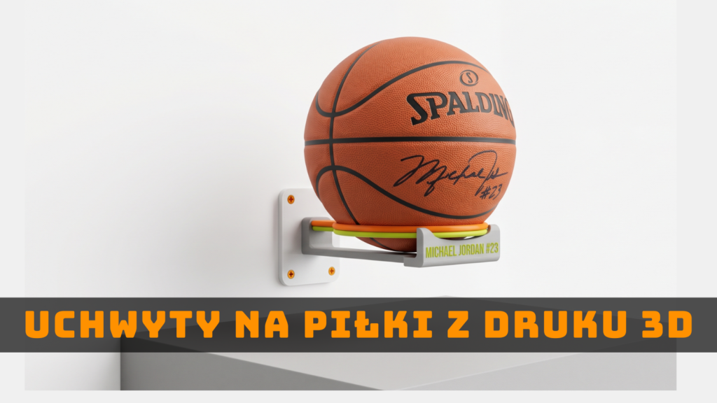 Grafika ilustracyjna przedstawiająca piłkę do koszykówki na uchwycie ściennym, symbolizująca uchwyty na piłki z druku 3D wykonywane na wymiar.